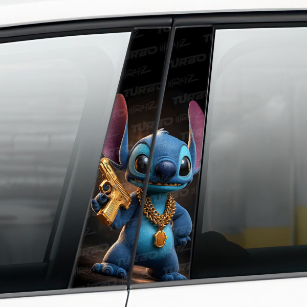 Naklejka na słupek samochodowy Stitch ze złotym Pistoletem | TurboWrapz.com