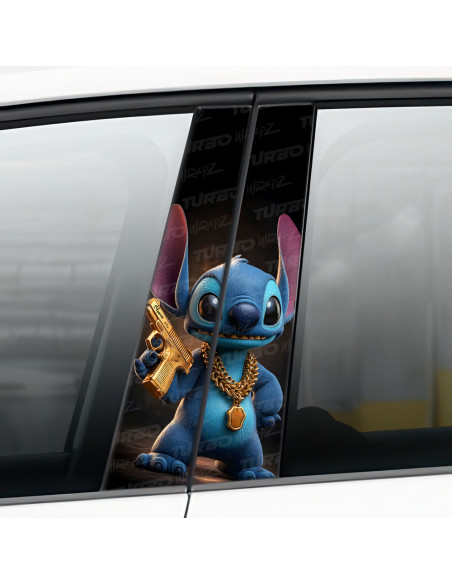 Naklejka na słupek samochodowy Stitch ze złotym Pistoletem | TurboWrapz.com