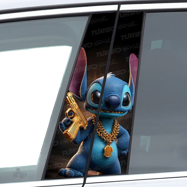 Naklejka na słupek samochodowy Stitch ze złotym Pistoletem | TurboWrapz.com