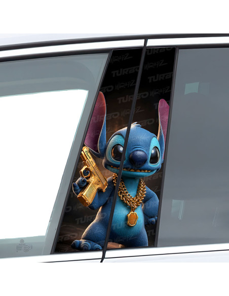 Naklejka na słupek samochodowy Stitch ze złotym Pistoletem | TurboWrapz.com