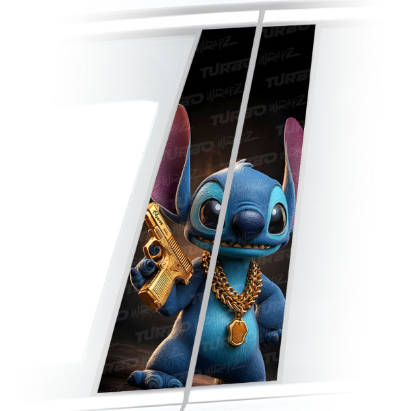Naklejka na słupek samochodowy Stitch ze złotym Pistoletem | TurboWrapz.com