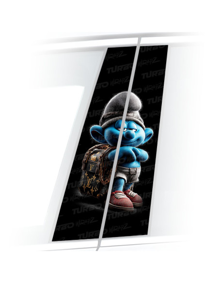 Naklejka na słupek samochodowy Smerf z torbą LV | TurboWrapz.com